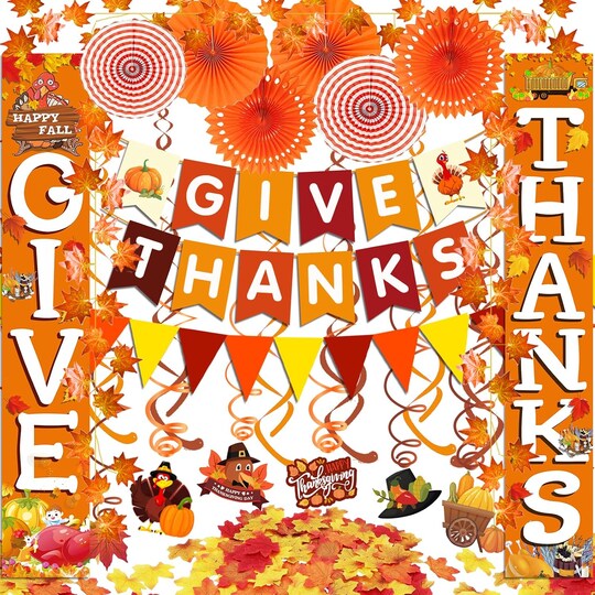 Greentek; Give Thanks Thanksgiving Hanging Banner, 12x71 Inch Fall Porch Sign with Maple Leaf Garland, Paper Fans & Swirls, Autumn Pumpkin Party Backdrop Decorations for Front Door, Porch & Home; Category:Banners; Image:1